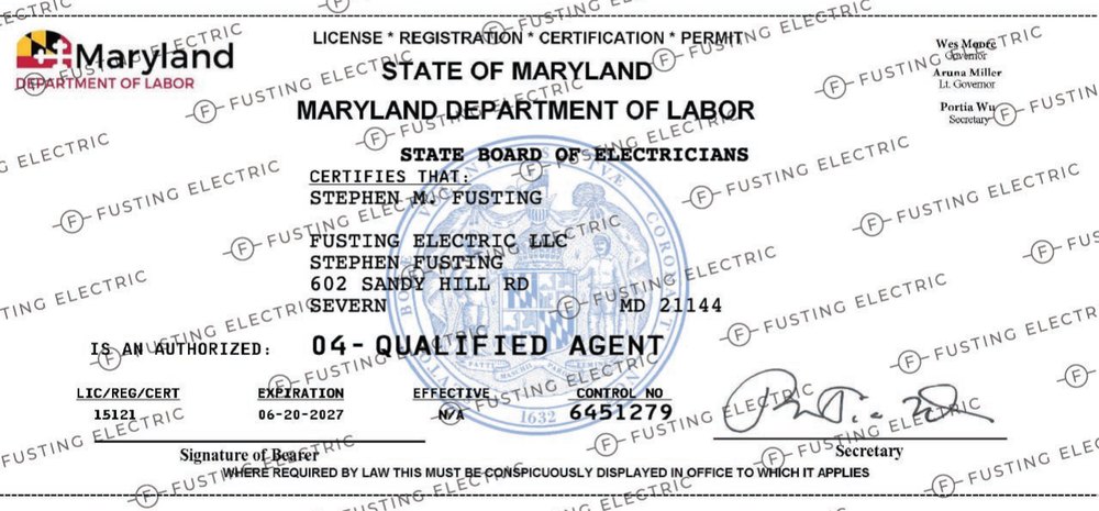 Maryland State Board of Electricians license certifying Stephen M. Fusting of Fusting Electric LLC as qualified agent, license number 15121